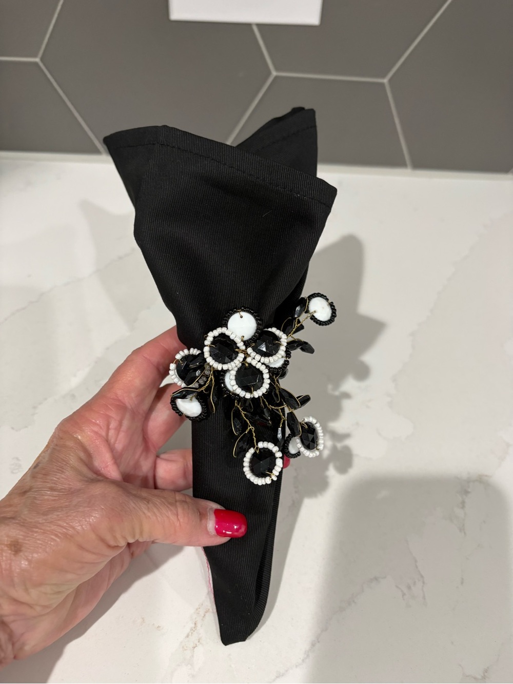 Pier One Set of 8 Black & White Embellished Beaded Napkin Rings